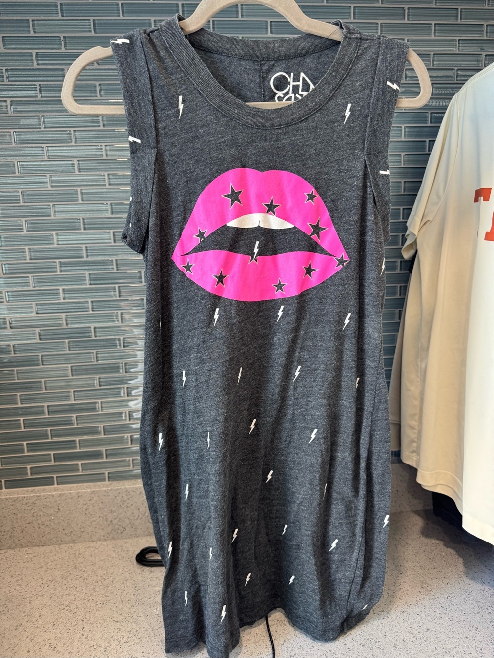 Chaser Dark Gray Tank Dress with Hot Pink Lip Graphic